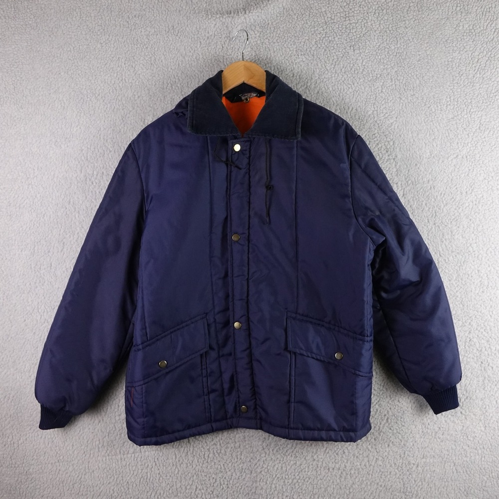 Vintage‎ Sears Workn Leisure Mens Navy Blue Insulated Chore Jacket Orange Lining